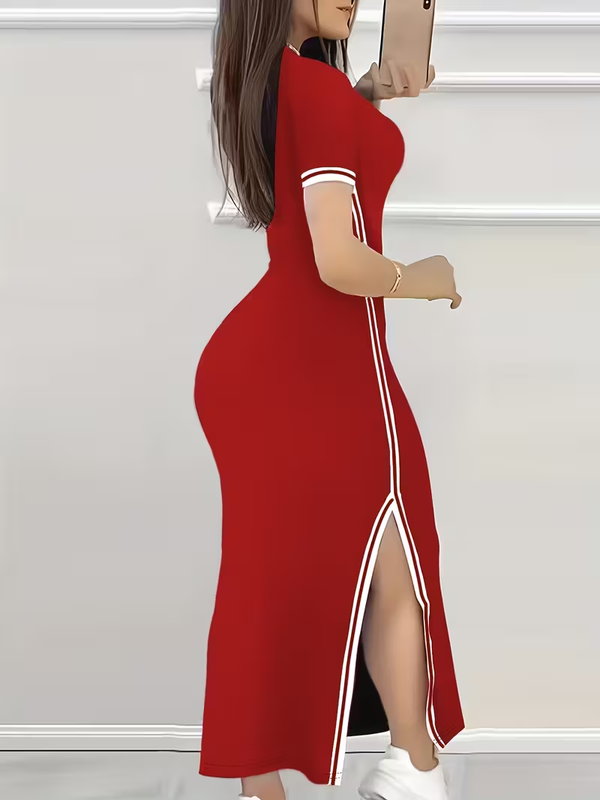 Contrast Trim Split Hem Bodycon Dress, Elegant Crew Neck Short Sleeve Dress