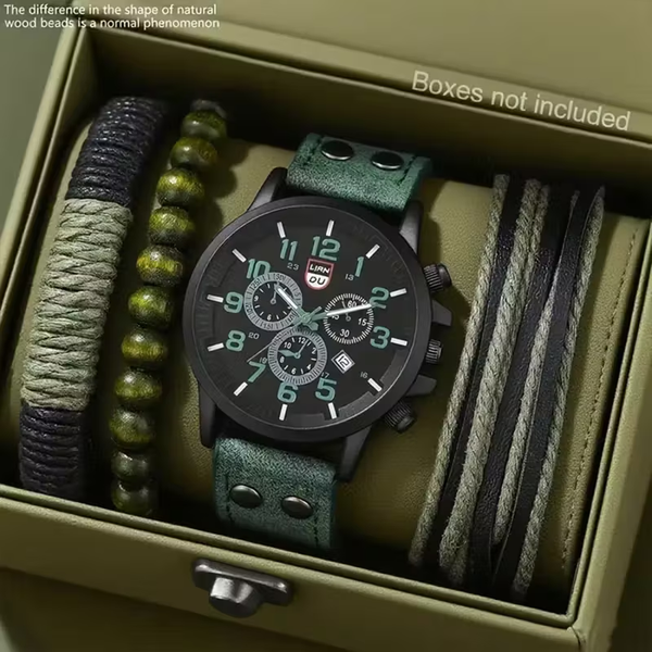 4pcs Men's Quartz Watch & Accessory Set - Green Dial Black Strap,