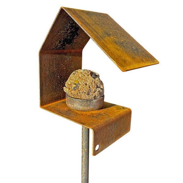 Vogelvoederhuis van Cortenstaal op standaard