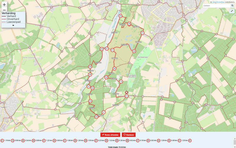 De route is geheel of gedeeltelijk te wandelen. Je start bij punt 62