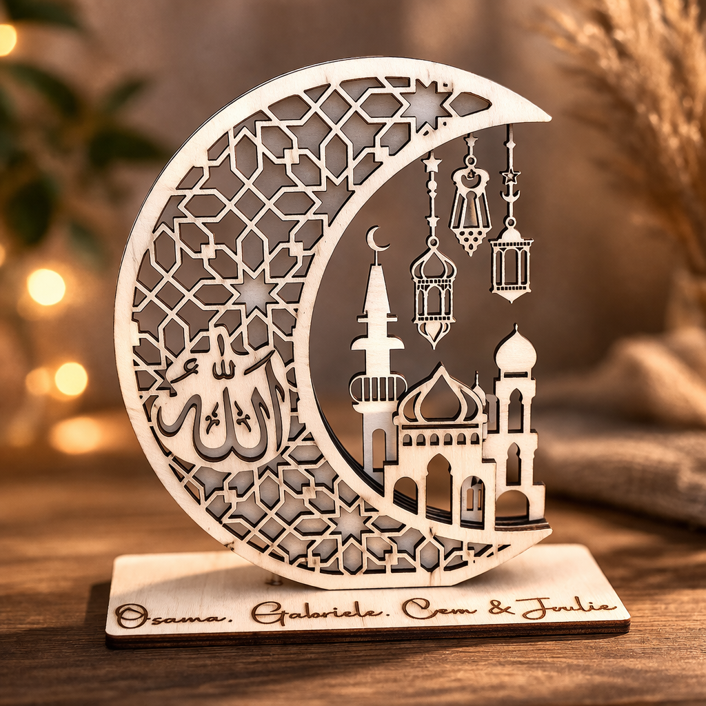 Personalisierte Ramadan Holzdekoration – Halbmond mit Moschee & Namen