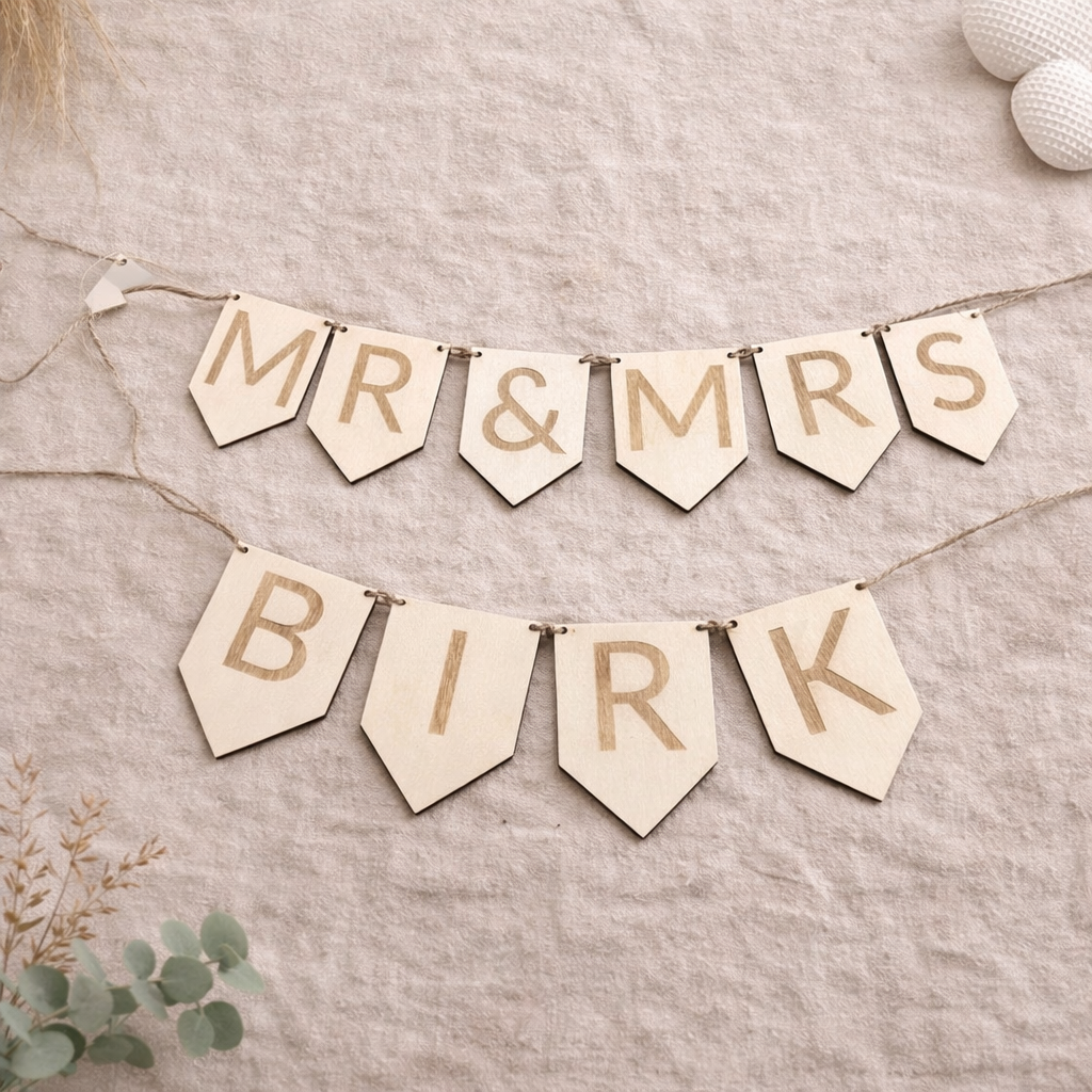 Hochzeits-Wimpelkette aus Holz – „Mr & Mrs“ oder „Just Married“ – optional mit Holzperlen