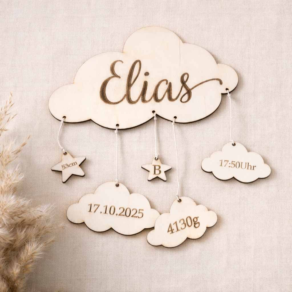Personalisierte Geburtsdaten-Wolke – Holz Deko zur Geburt