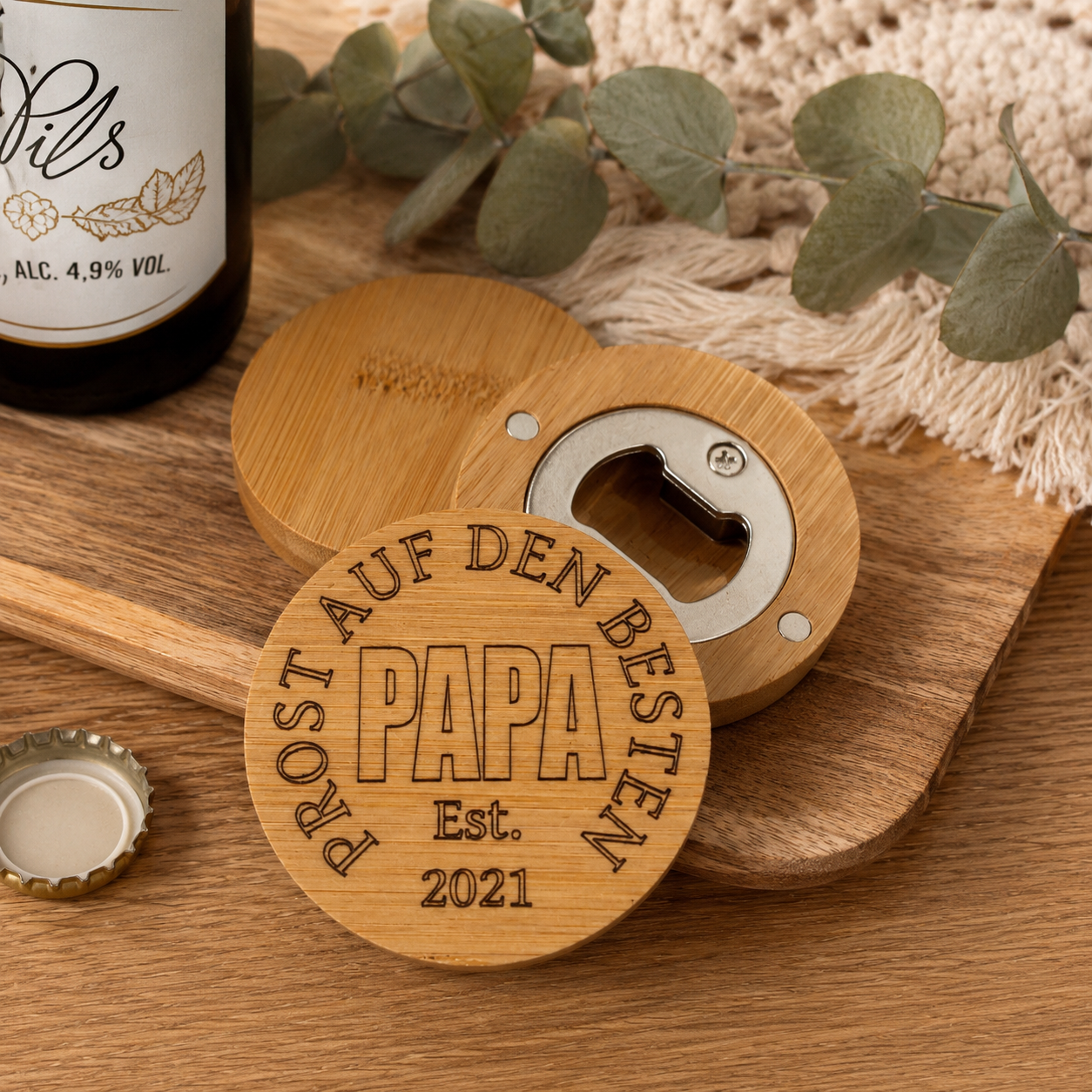 Gravierter Bambus-Flaschenöffner „Papa Edition“