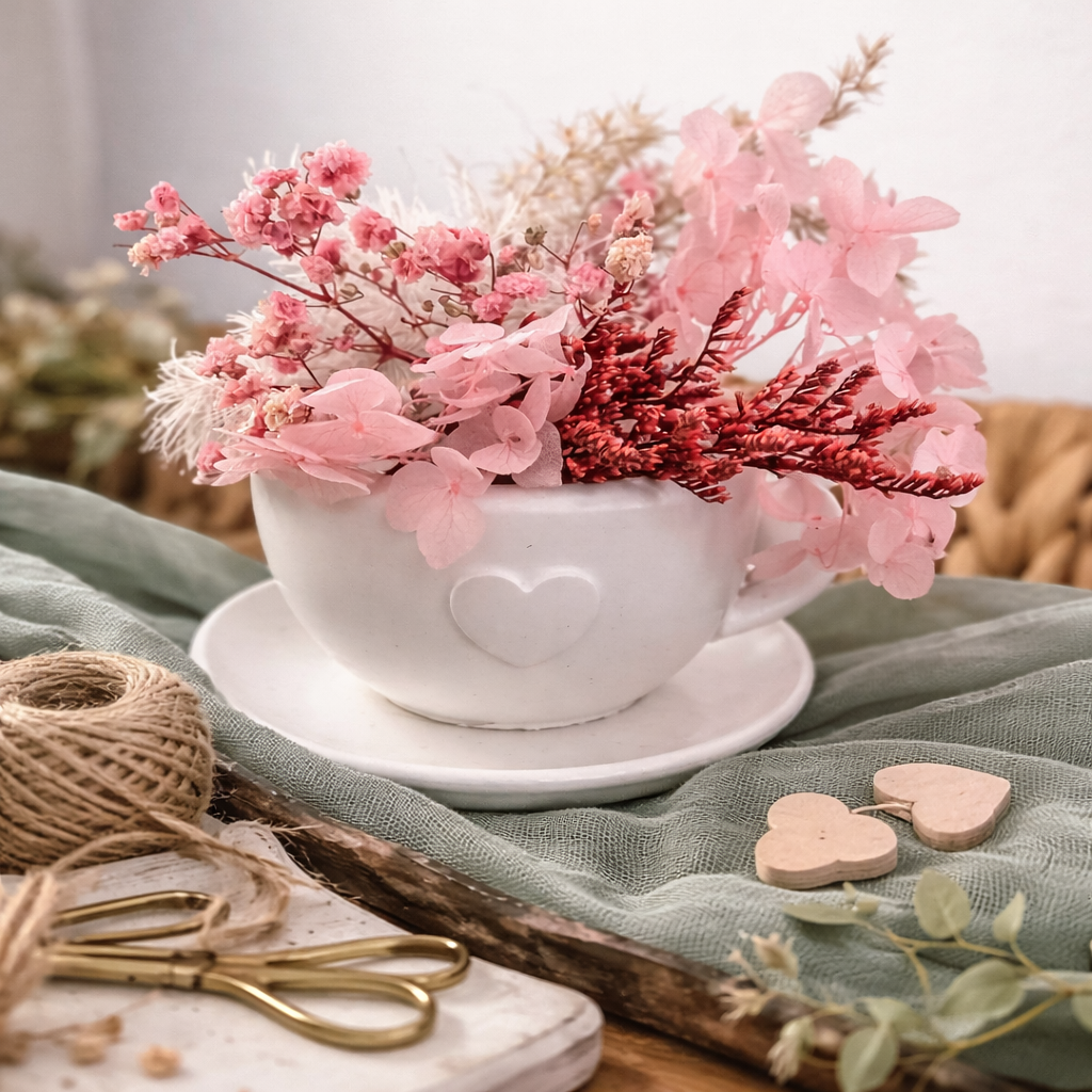 Dekotasse mit Herz aus Gießpulver – Weiße Schale für Deko & Geschenke