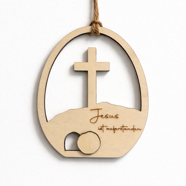 Holzanhänger „Jesus ist auferstanden“ – Osterdeko mit Kreuz – christlicher Anhänger