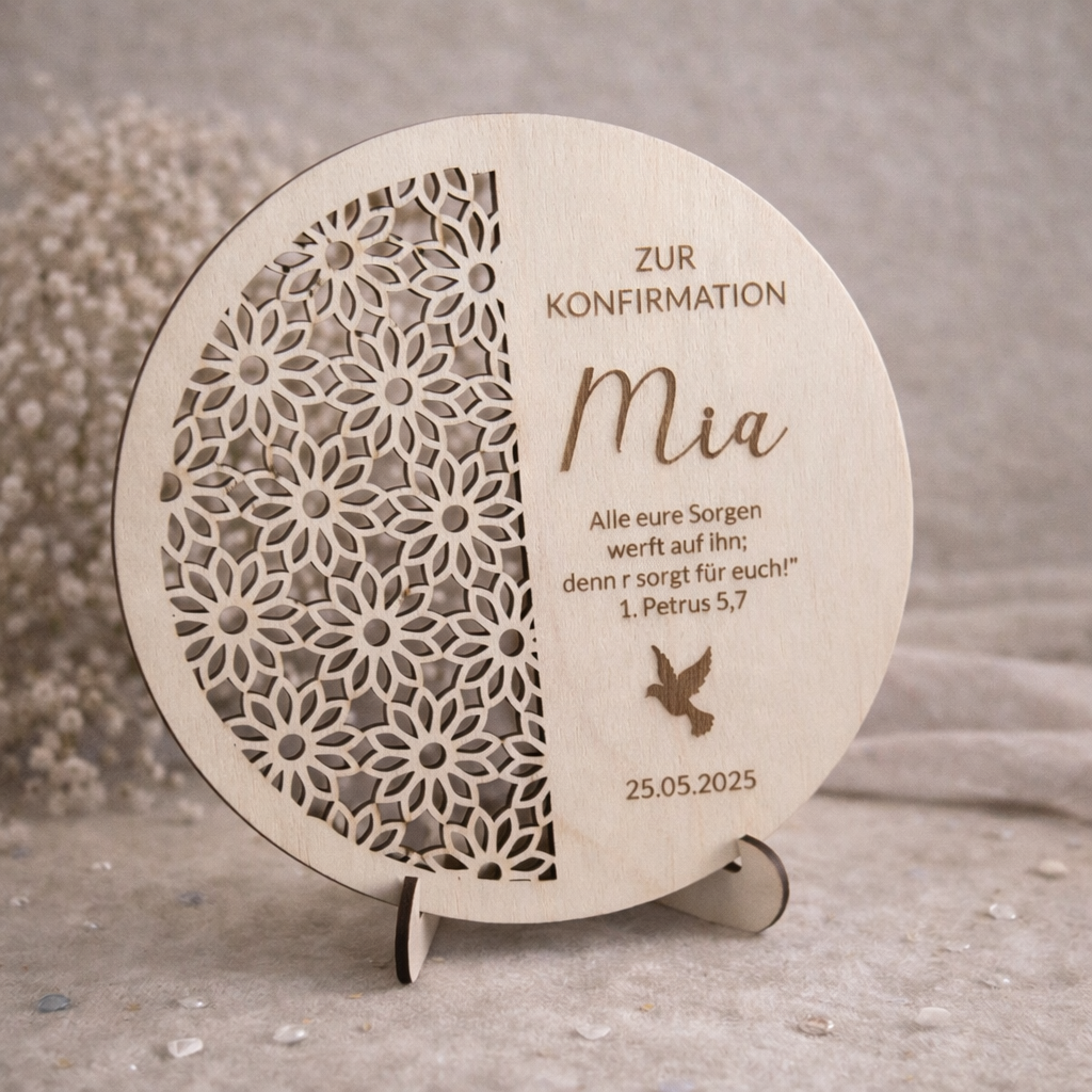 Personalisierter Holzaufsteller zur Taufe, Konfirmation oder Kommunion mit floraler Gravur