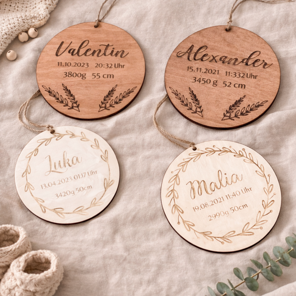 Graviertes Holzschild mit Geburtsdaten