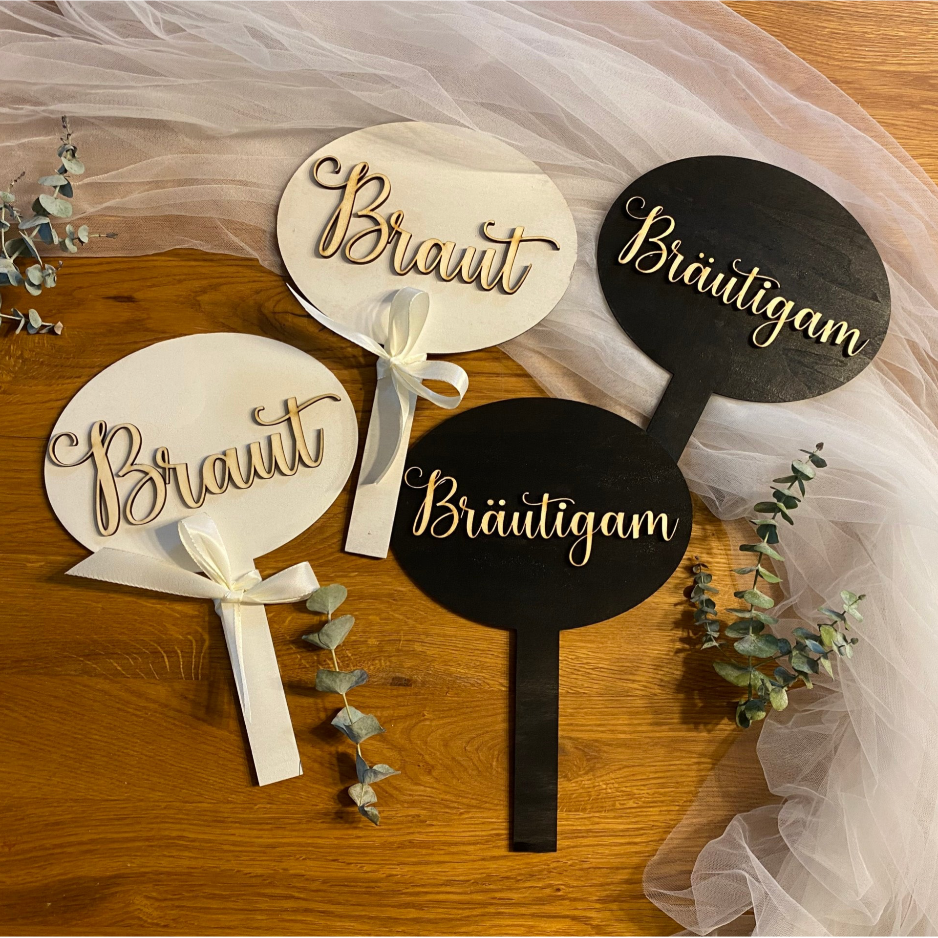 Braut & Bräutigam Schilder – Hochzeitsspiel aus Holz