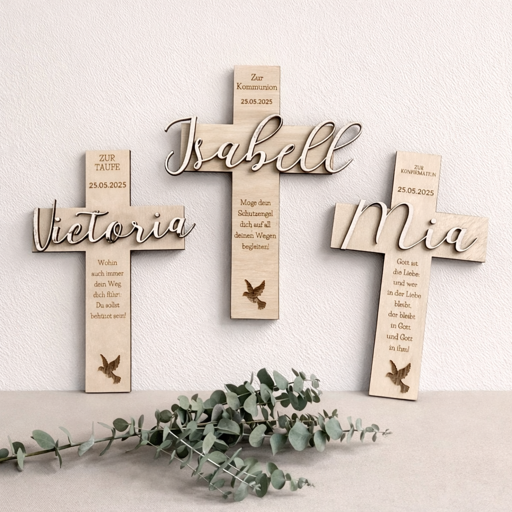 Personalisiertes Holzkreuz zur Taufe, Kommunion & Konfirmation – mit Namen & Datum