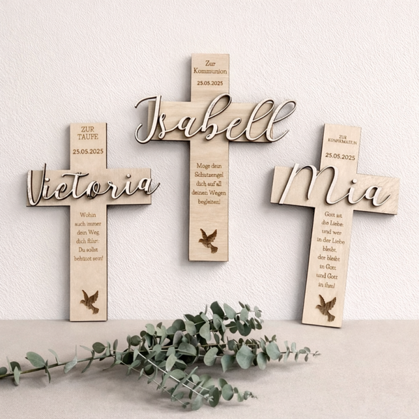 Personalisiertes Holzkreuz zur Taufe, Kommunion & Konfirmation – mit Namen & Datum