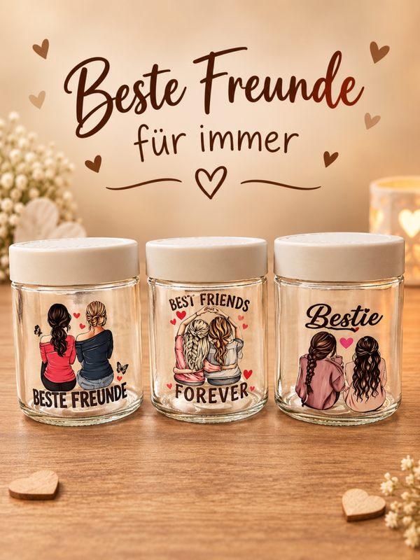 Gläser für Freunde, Freundschaftsgläser ( 1 Glas) für Teelichter, Lichterketten, Süßigkeiten... verschiedene Motive, Rückseite mit Spruch