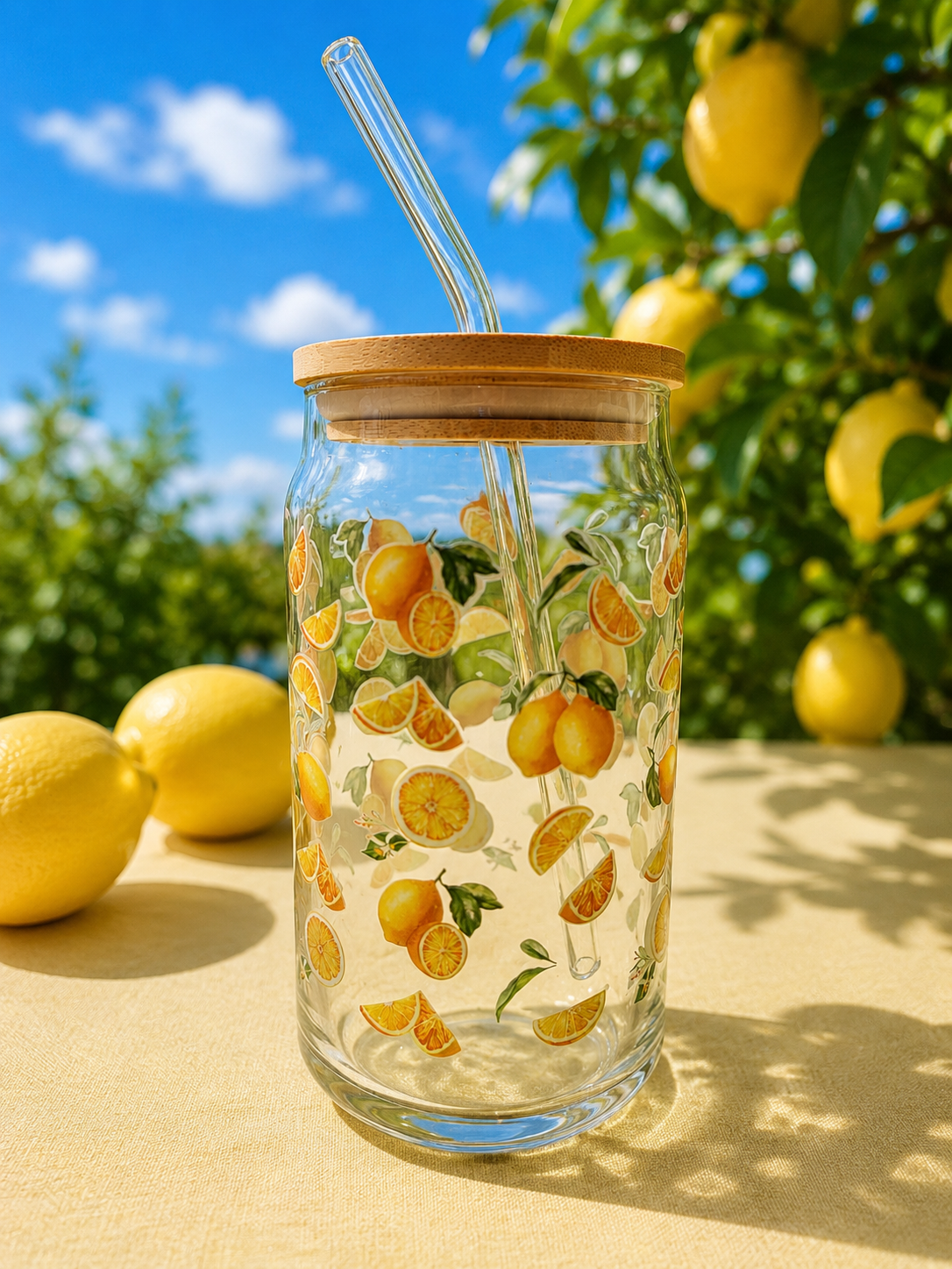 Glas mit Zitronendekor, Bambusdeckel, Glasstrohhalm, spülmaschinenfest (nur Glas)