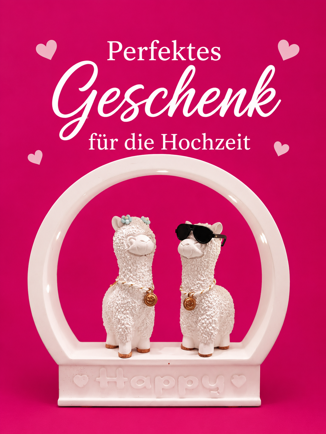 Rundbogen "Happy" mit Licht,  Alpaka mit Blümchen und Alpaka mt Sonnenbrille, beide mit Kette