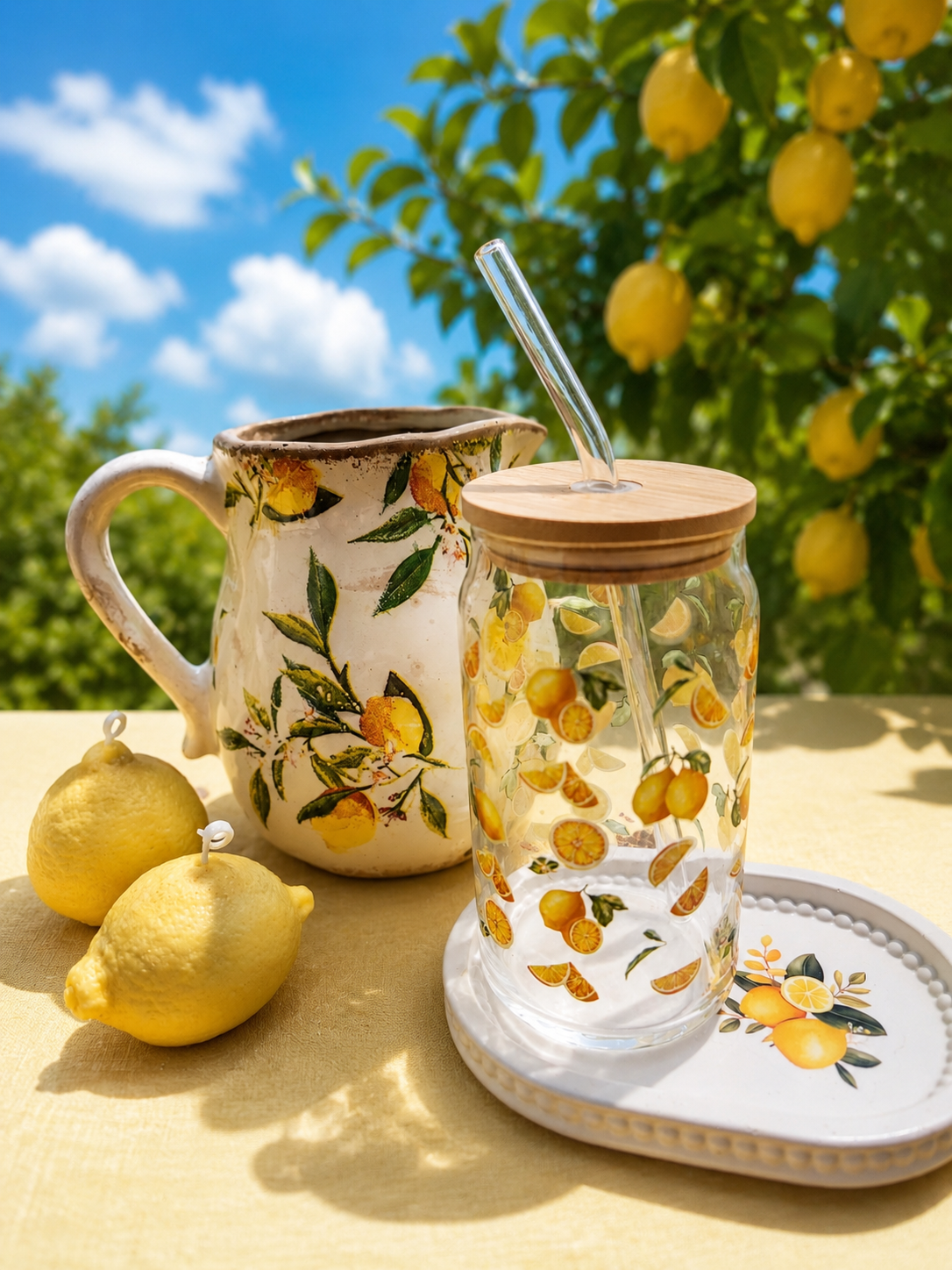 Glas mit Zitronendekor, Bambusdeckel, Glasstrohhalm, spülmaschinenfest (nur Glas) und Tablett