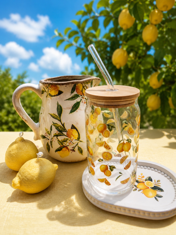 Glas mit Zitronendekor, Bambusdeckel, Glasstrohhalm, spülmaschinenfest (nur Glas) und Tablett
