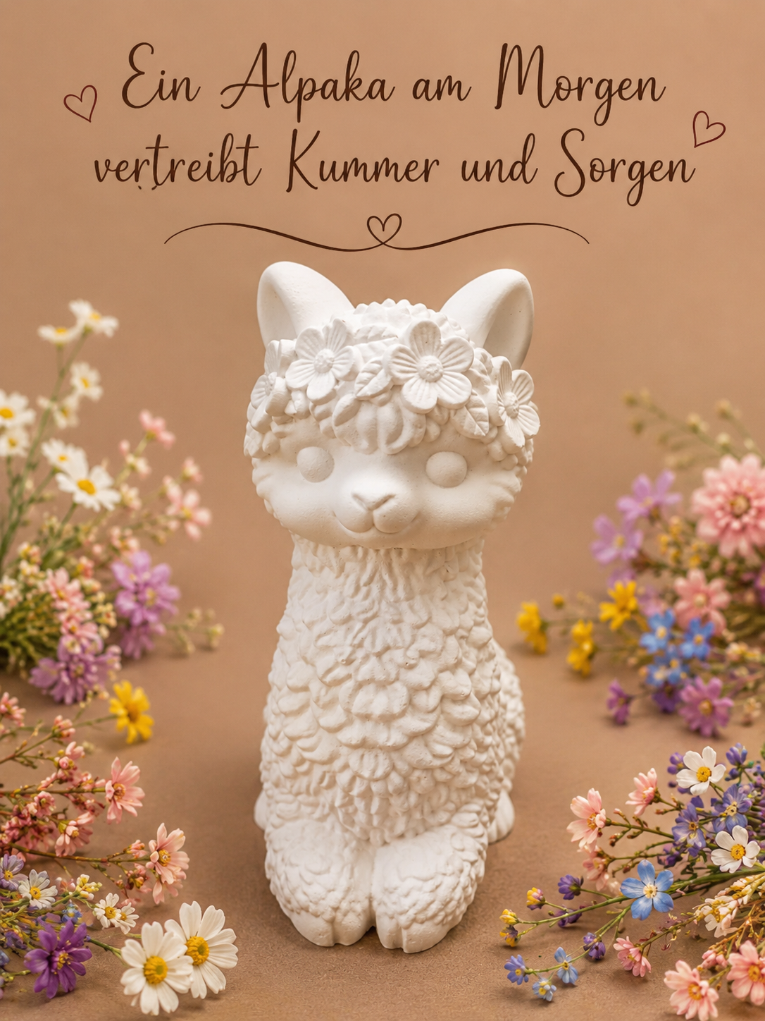 Alpaka liegend mit Blumenkranz