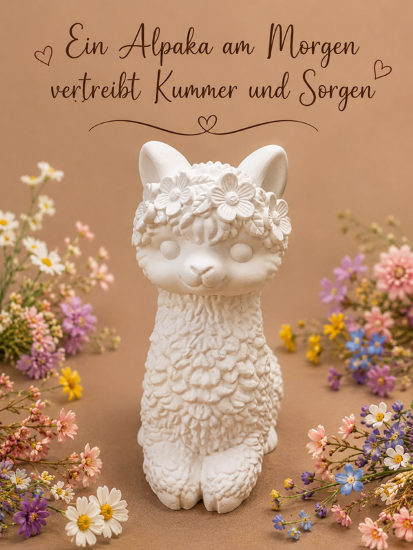 Alpaka liegend mit Blumenkranz