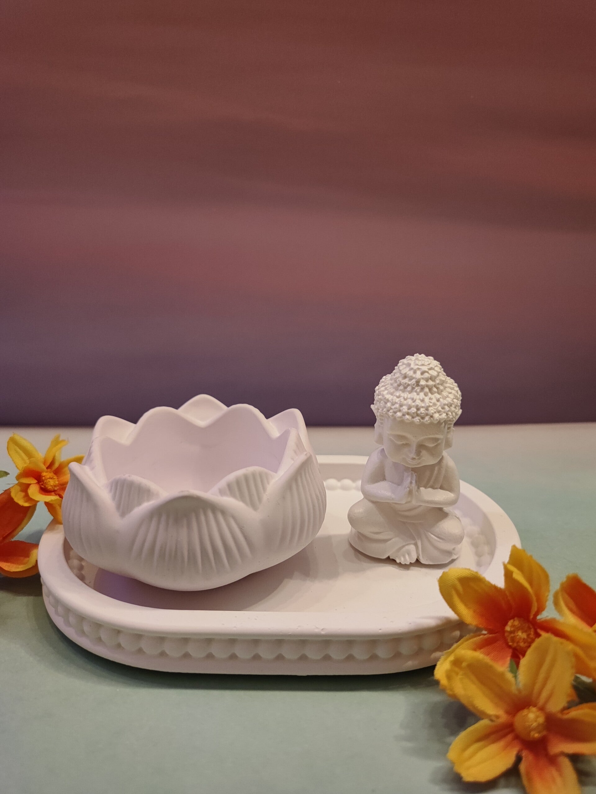 Set kleiner Buddha, Lotusblume (Teelicht), kleine ovale Perlenschale