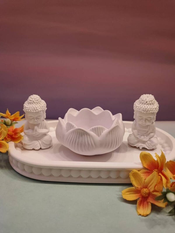 Set 2 kleine Buddhas, Lotusblume (Teelicht), große ovale Perlenschale