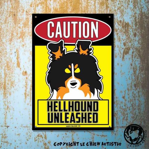 Sheltie / Shetland Sheepdog ! waakbord ANGRY DOGS geel ! 2 kleurslagen !