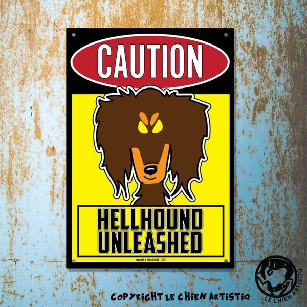 Teckel Langharig ! waakbord ANGRY DOGS geel ! 2 kleurslagen !