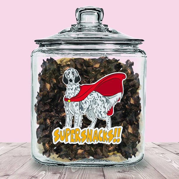 Engelse Setter ! 2 kleurslagen! Supersnacks Glazen Pot met of zonder Supersnacks!