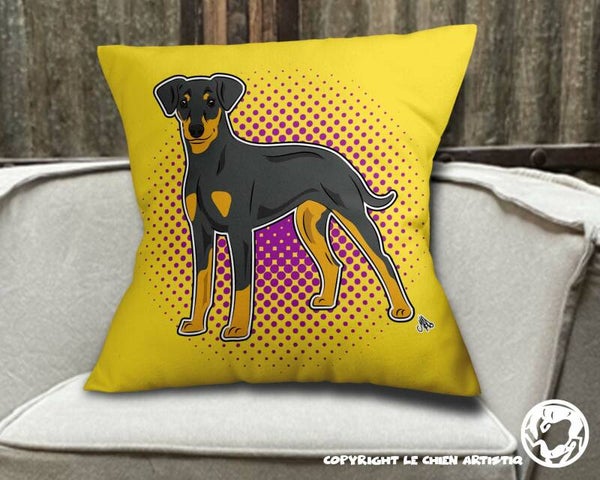 Duitse Pinscher ! kussen COMIC stijl ! achtergrond kleur naar keuze !