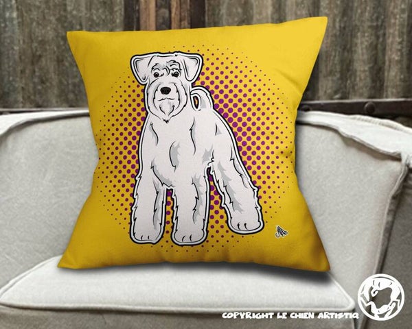 Dwergschnauzer wit ! kussen COMIC stijl ! achtergrond kleur naar keuze !