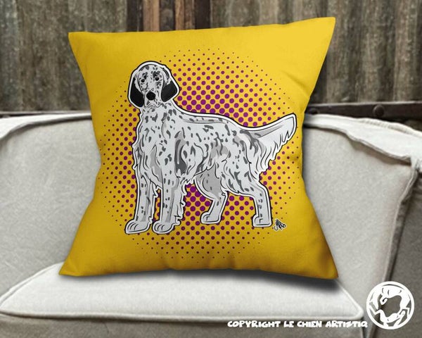 Engelse Setter blue belton ! kussen COMIC stijl ! achtergrond kleur naar keuze !