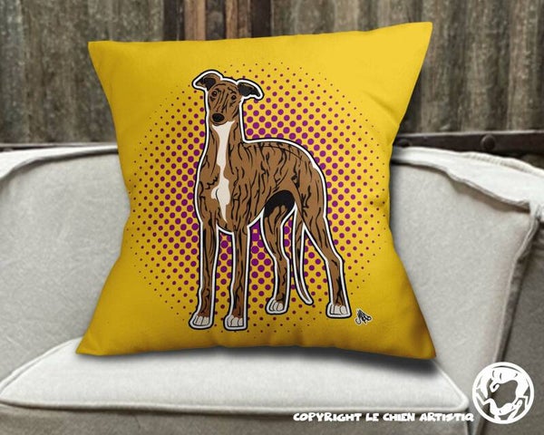 Greyhound ! kussen COMIC stijl ! achtergrond kleur naar keuze !