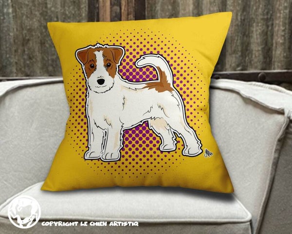Jack Russell Terrier ruwharig ! kussen COMIC stijl ! achtergrond kleur naar keuze !