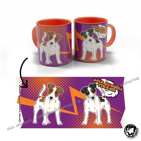 Jack Russell Terrier gladharig ! COMIC stijl paars/oranje beker!