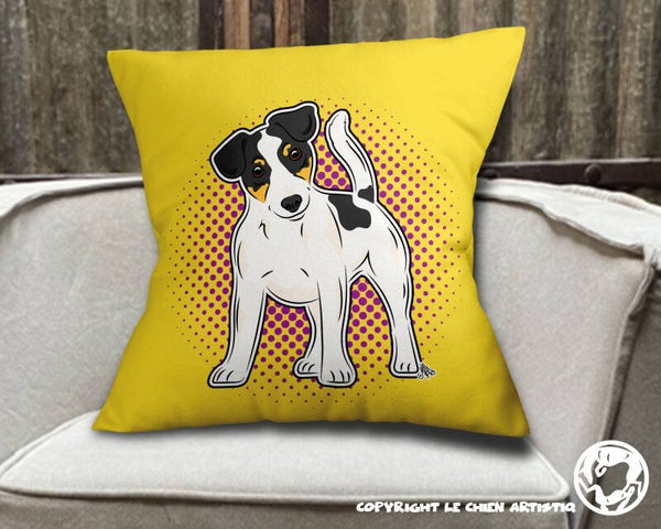 Jack Russell Terrier gladharig ! kussen COMIC stijl ! 2 kleurslagen ! achtergrond kleur naar keuze !