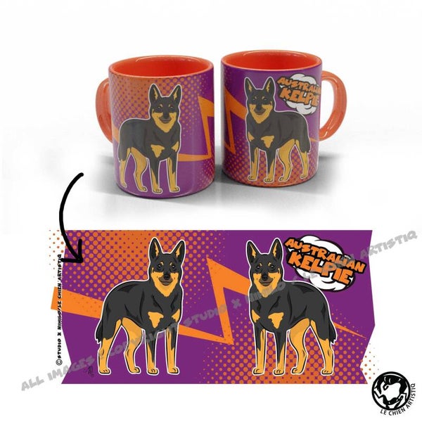 Australian Kelpie ! COMIC stijl paars/oranje beker!