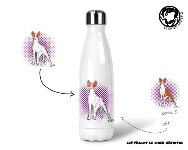 Podenco Ibicenco gladharig ! COMIC ! thermosfles 500ml ( naam optie ! )