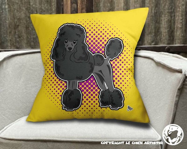 Poedel zwart ! kussen COMIC stijl ! achtergrond kleur naar keuze !