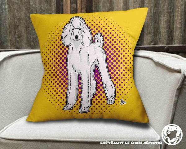 Poedel groot wit ! kussen COMIC stijl ! achtergrond kleur naar keuze !