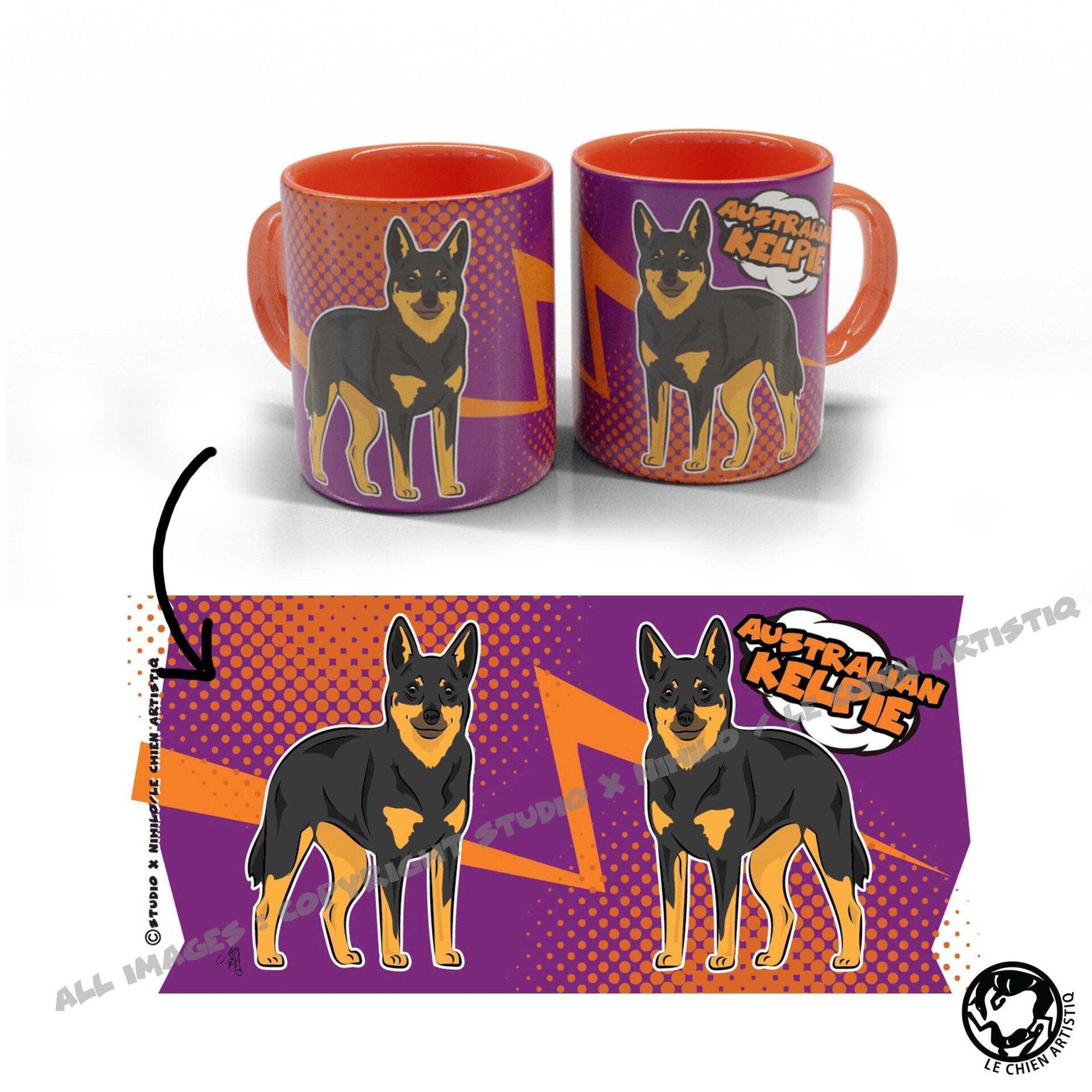 Australian Kelpie ! COMIC stijl paars/oranje beker!