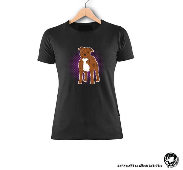 Staffordshire Bull Terrier ! "Comic" T-shirt > Dames of Unisex model, DRIE kleurslagen!