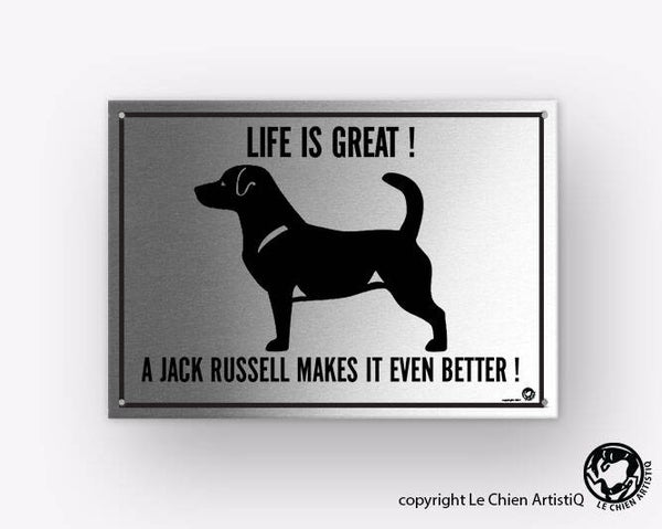 Jack Russell Terrier Gladharig ! silhouet ! LIFE IS GREAT ! aluminium bord