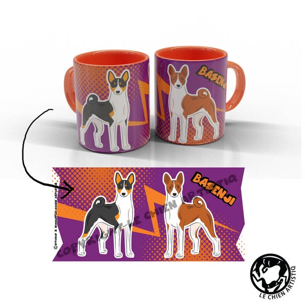 Basenji COMIC stijl paars/oranje beker! 