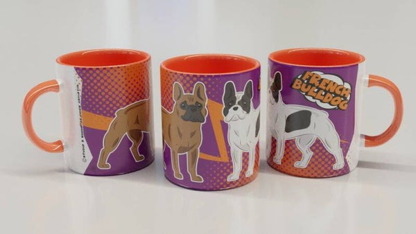 Franse Bulldog COMIC stijl paars/oranje beker!