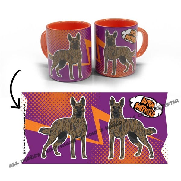 Hollandse Herdershond kortharig COMIC stijl paars/oranje beker!