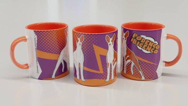 Podenco Ibicenco gladhaar COMIC stijl paars/oranje beker!