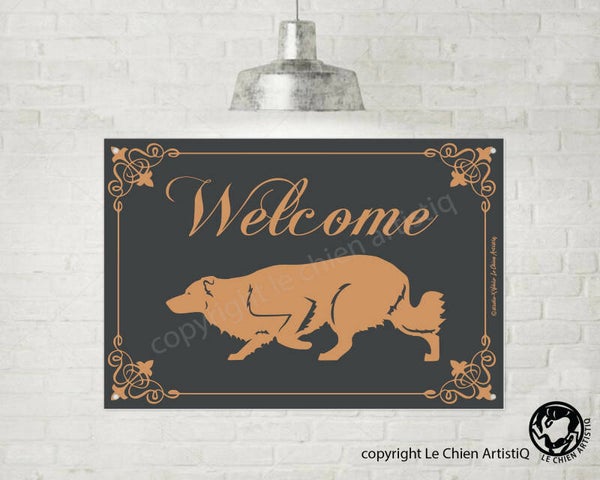 Border Collie ! silhouet lijn welkom bord , kies uit vier kleuren !