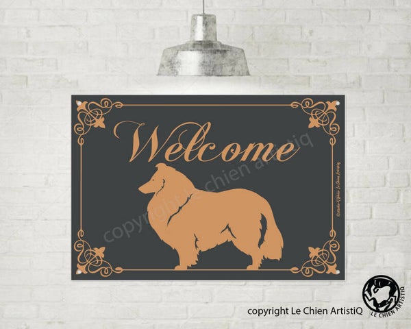 Schotse Herdershond langharig / Collie ! silhouet lijn welkom bord , kies uit vier kleuren !