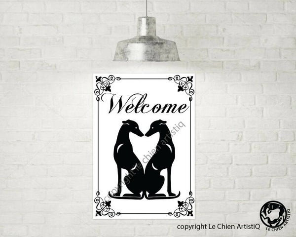 Whippet !  silhouet lijn welkom bord , kies uit vier kleuren !