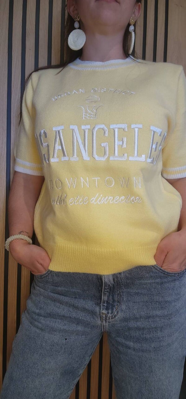 Pull manche courte jaune Los Angeles