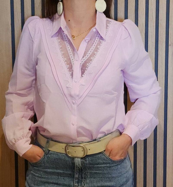 chemise dentelle + pois rose